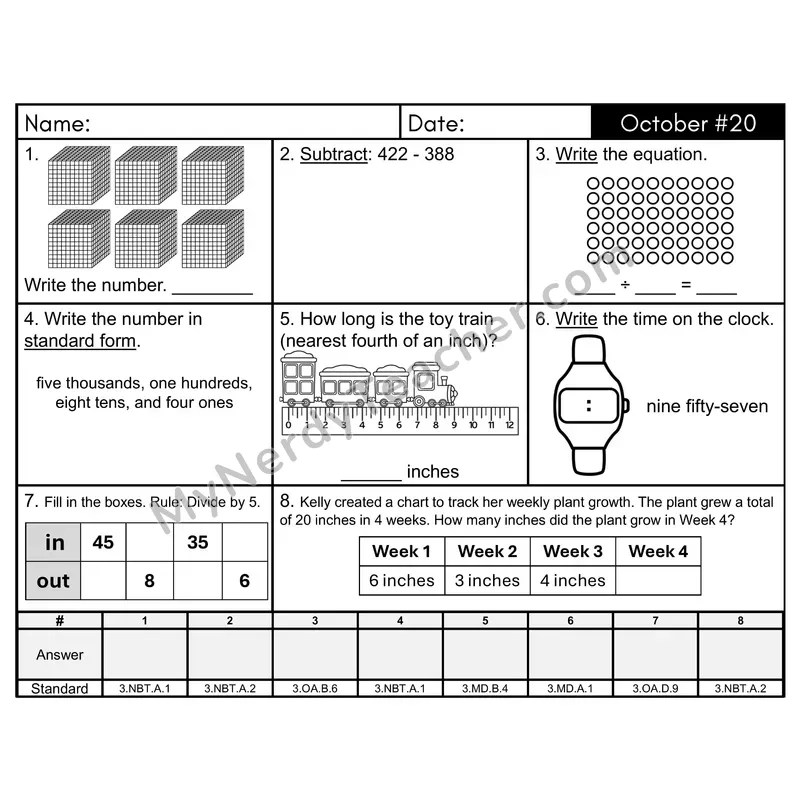 3rd Grade Spiral Math Review Morning Work — October Day 20: Rounding, Addition & Subtraction