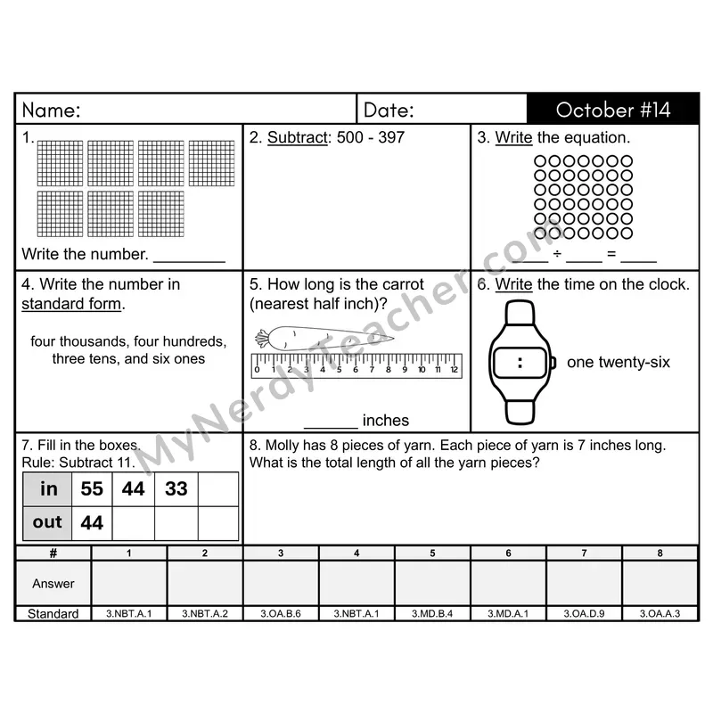 3rd Grade Spiral Math Review Morning Work — October Day 14: Rounding, Addition & Subtraction