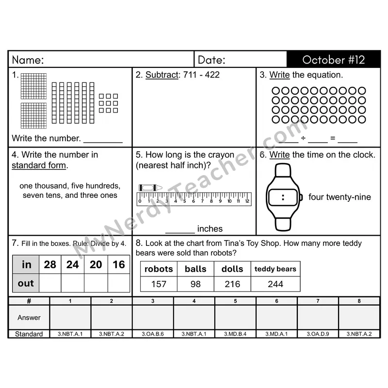3rd Grade Spiral Math Review Morning Work — October Day 12: Rounding, Addition & Subtraction