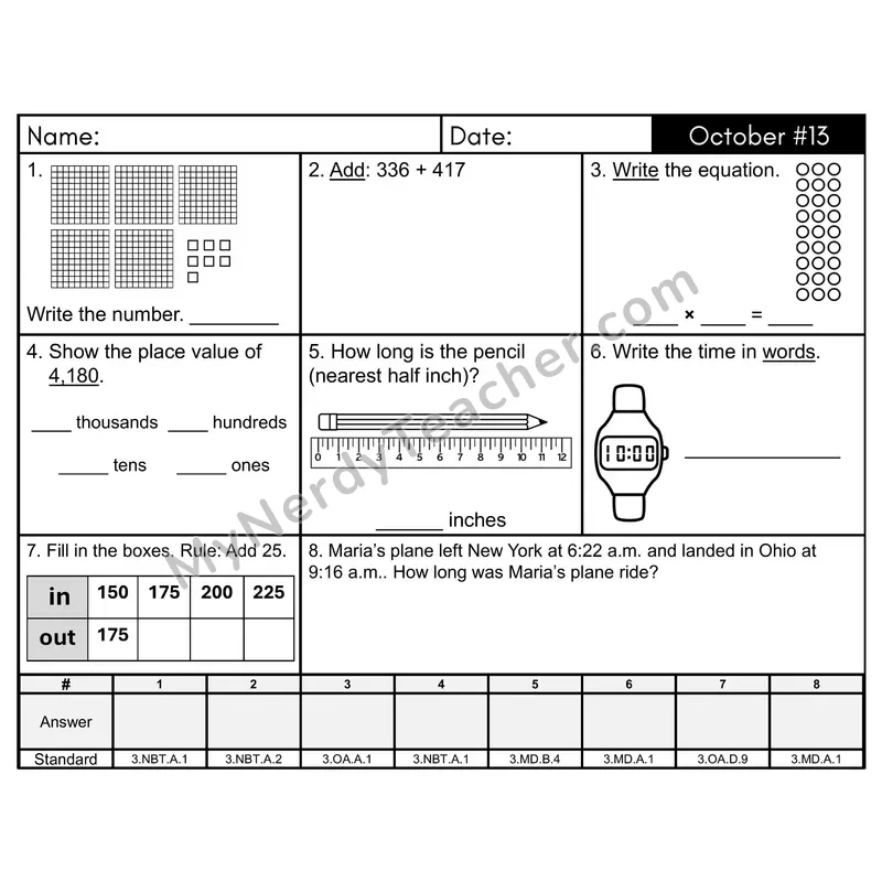 3rd Grade Spiral Math Review Morning Work — October Day 13: Rounding, Addition & Subtraction
