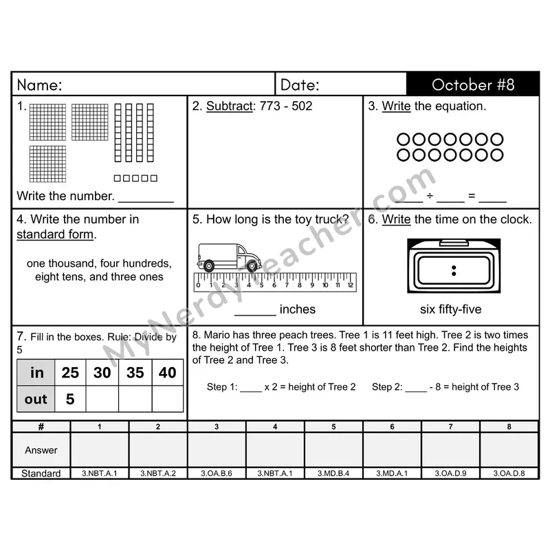 3rd Grade Spiral Math Review Morning Work — October Day 8: Rounding, Addition & Subtraction
