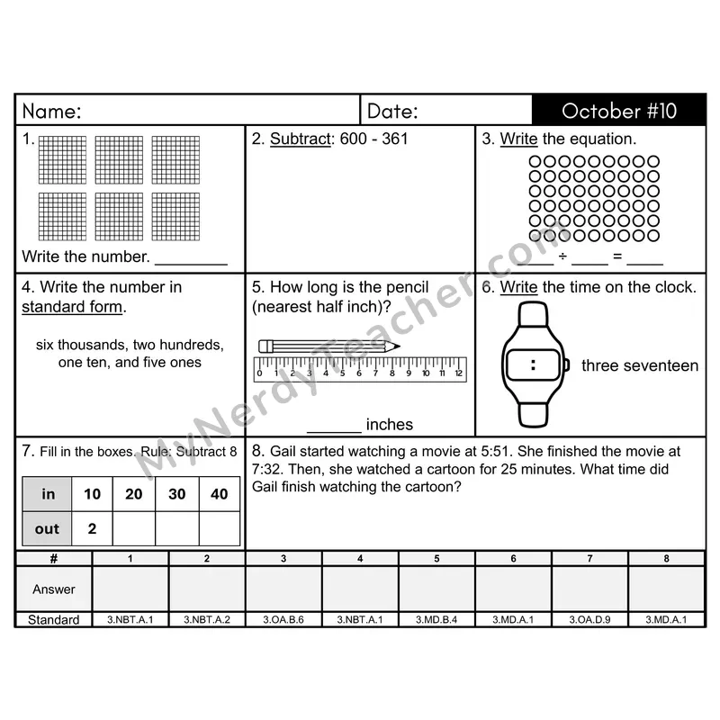 3rd Grade Spiral Math Review Morning Work — October Day 10: Rounding, Addition & Subtraction