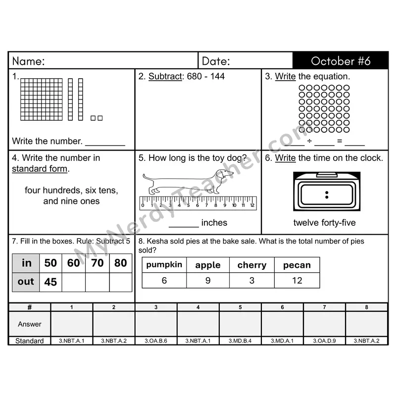 3rd Grade Spiral Math Review Morning Work — October Day 6: Rounding, Addition & Subtraction