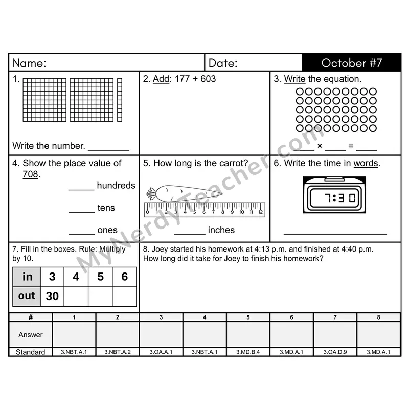 3rd Grade Spiral Math Review Morning Work — October Day 7: Rounding, Addition & Subtraction