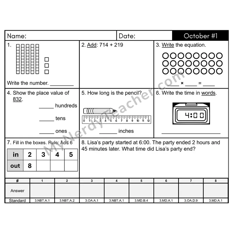 3rd Grade Spiral Math Review Morning Work — October Day 1: Rounding, Addition & Subtraction