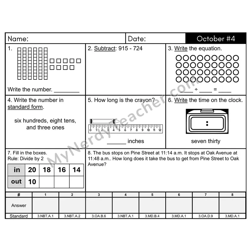 3rd Grade Spiral Math Review Morning Work — October Day 4: Rounding, Addition & Subtraction
