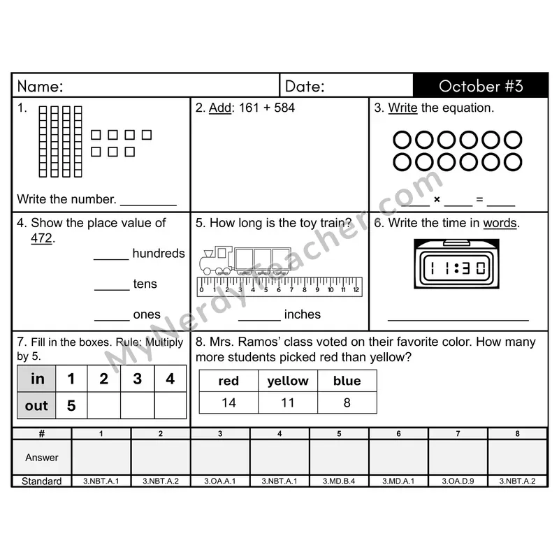 3rd Grade Spiral Math Review Morning Work — October Day 3: Rounding, Addition & Subtraction