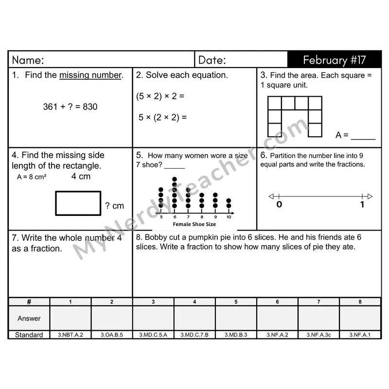 3rd Grade Spiral Math Review Morning Work — February Day 17: Fractions, Area