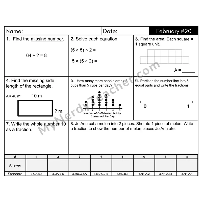 3rd Grade Spiral Math Review Morning Work — February Day 20: Fractions, Area