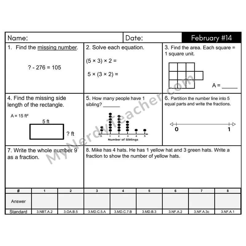 3rd Grade Spiral Math Review Morning Work — February Day 14: Fractions, Area