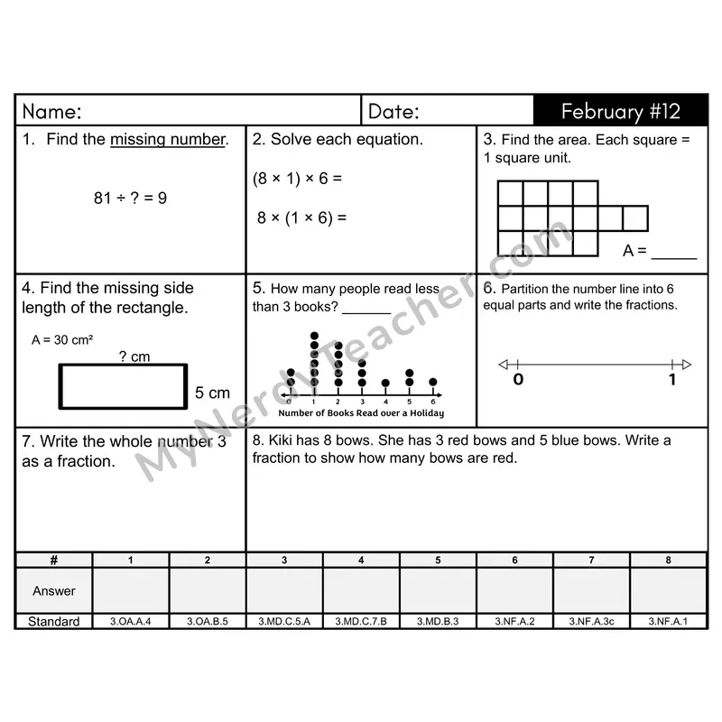 3rd Grade Spiral Math Review Morning Work — February Day 12: Fractions, Area
