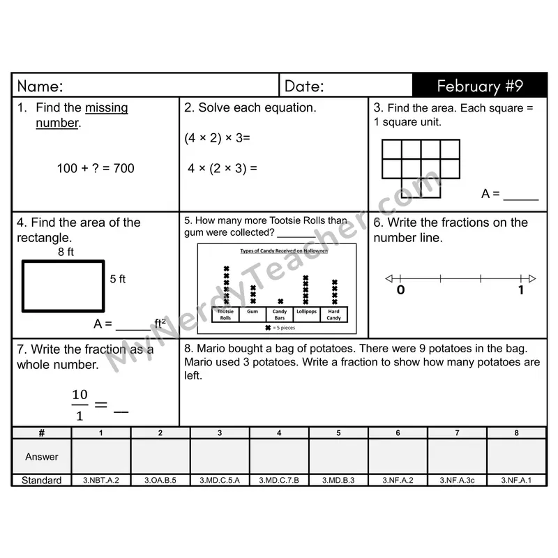 3rd Grade Spiral Math Review Morning Work — February Day 9: Fractions, Area
