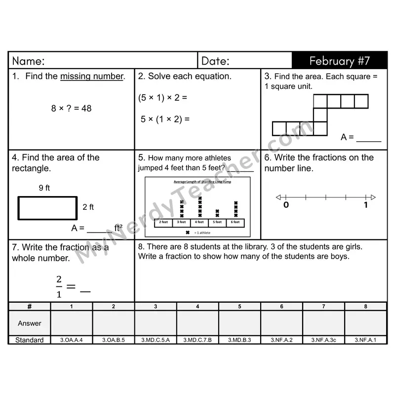3rd Grade Spiral Math Review Morning Work — February Day 7: Fractions, Area