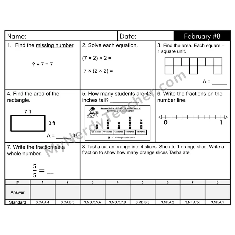 3rd Grade Spiral Math Review Morning Work — February Day 8: Fractions, Area