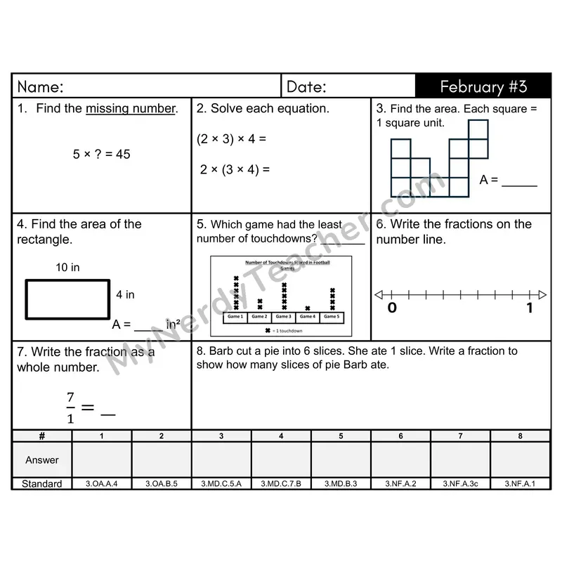 3rd Grade Spiral Math Review Morning Work — February Day 3: Fractions, Area