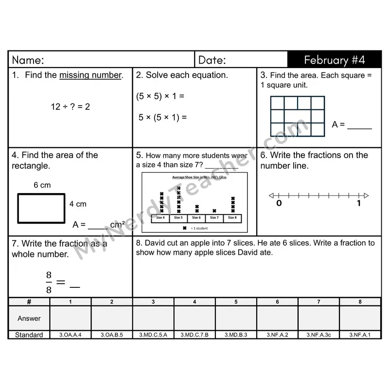 3rd Grade Spiral Math Review Morning Work — February Day 4: Fractions, Area