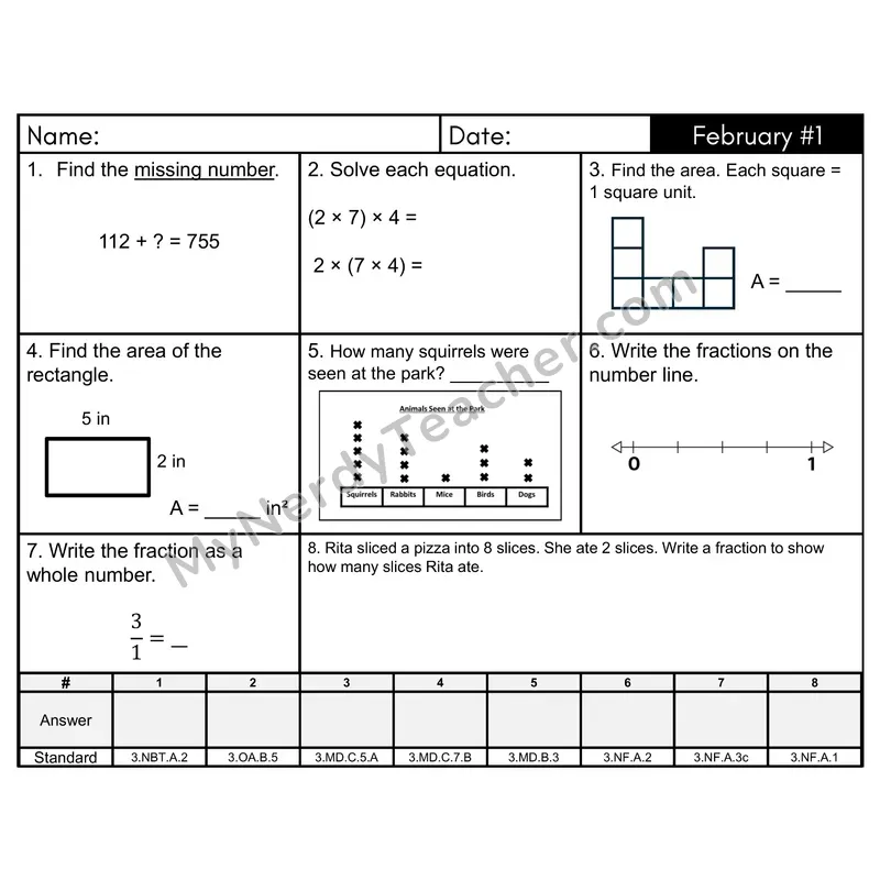 3rd Grade Spiral Math Review Morning Work — February Day 1: Fractions, Area