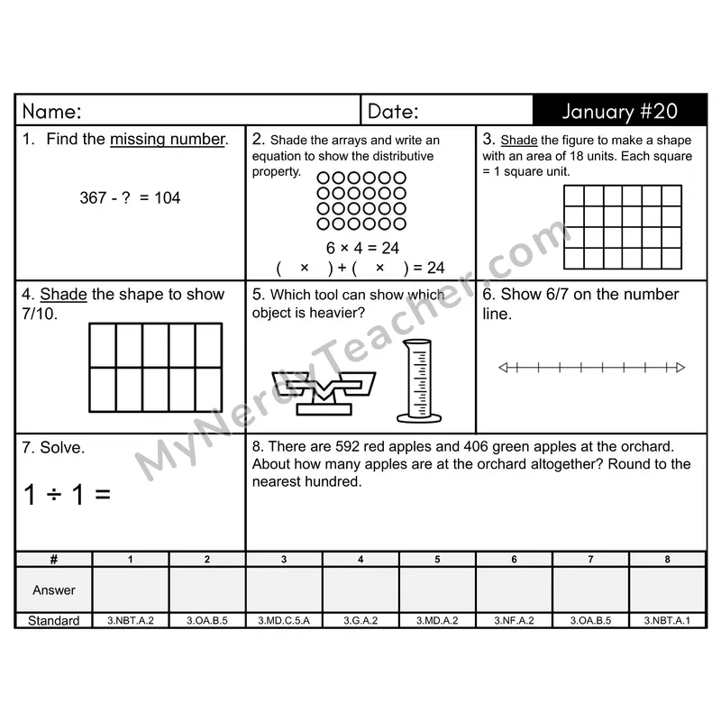 3rd Grade Spiral Math Review Morning Work — January Day 20: Addition & Subtraction, Multiplication