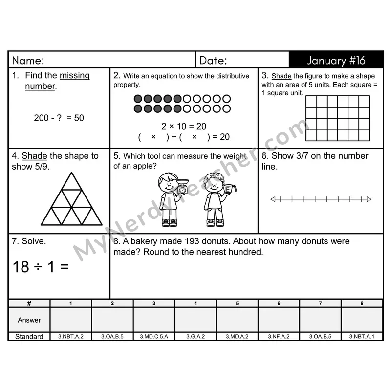 3rd Grade Spiral Math Review Morning Work — January Day 16: Addition & Subtraction, Multiplication