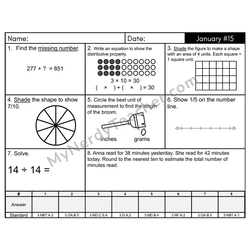3rd Grade Spiral Math Review Morning Work — January Day 15: Addition & Subtraction, Multiplication