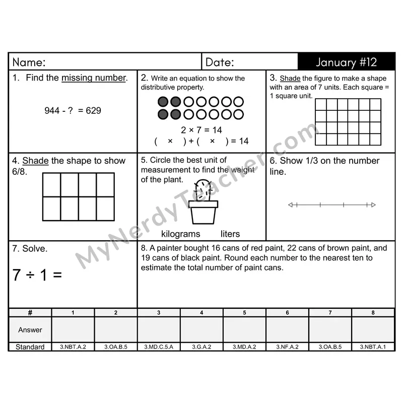 3rd Grade Spiral Math Review Morning Work — January Day 12: Addition & Subtraction, Multiplication