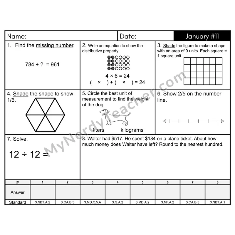 3rd Grade Spiral Math Review Morning Work — January Day 11: Addition & Subtraction, Multiplication