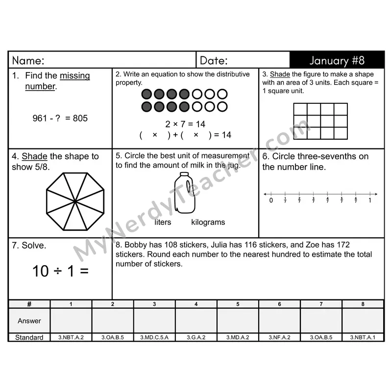 3rd Grade Spiral Math Review Morning Work — January Day 8: Addition & Subtraction, Multiplication