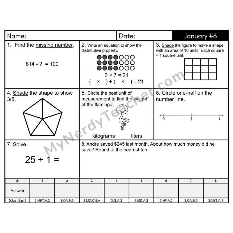 3rd Grade Spiral Math Review Morning Work — January Day 6: Addition & Subtraction, Multiplication