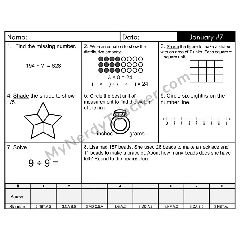3rd Grade Spiral Math Review Morning Work — January Day 7: Addition & Subtraction, Multiplication