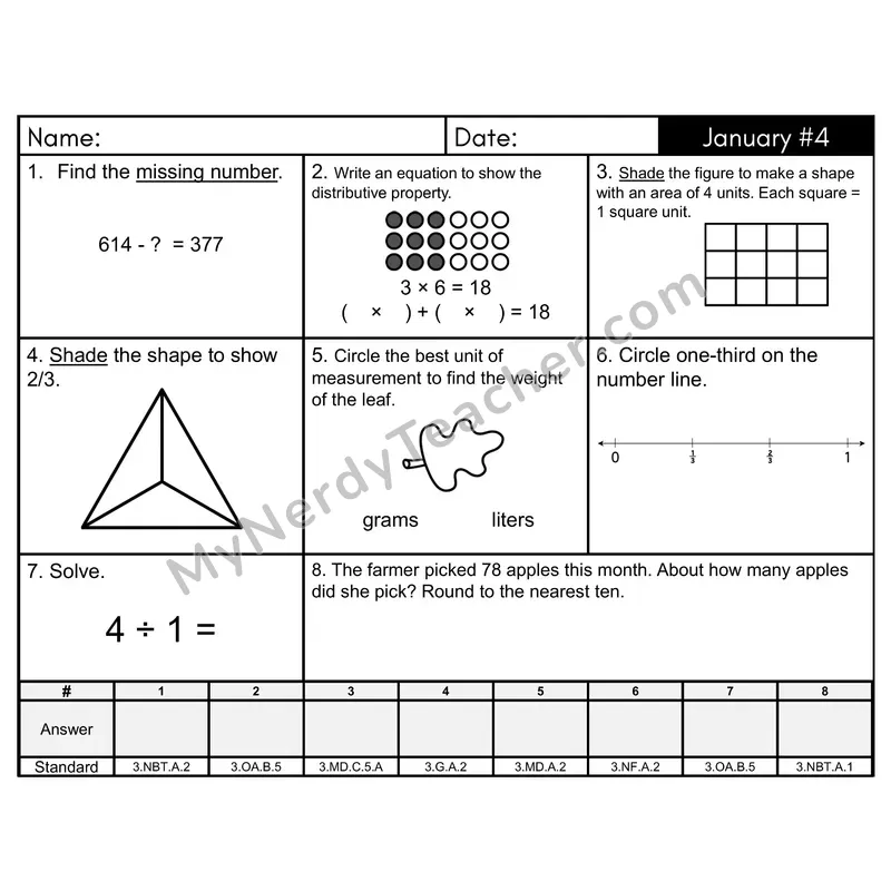 3rd Grade Spiral Math Review Morning Work — January Day 4: Addition & Subtraction, Multiplication