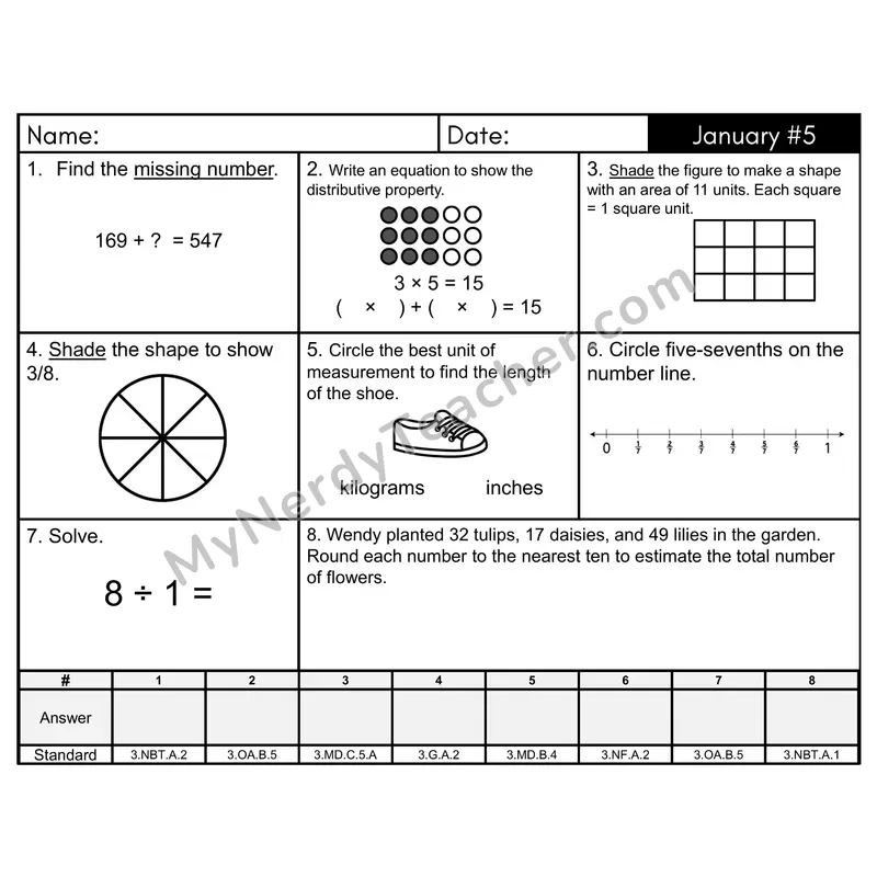 3rd Grade Spiral Math Review Morning Work — January Day 5: Addition & Subtraction, Multiplication