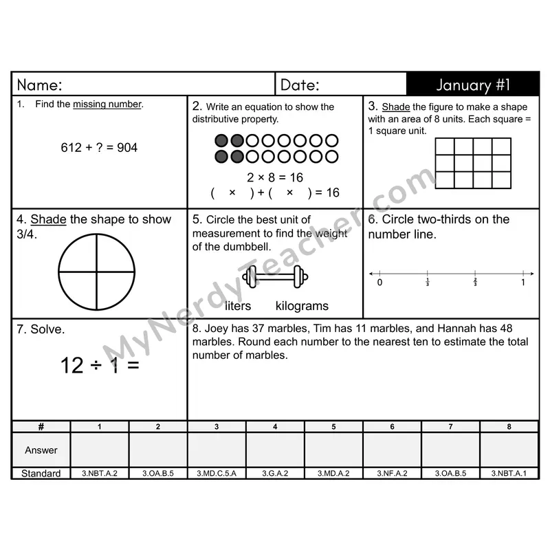 3rd Grade Spiral Math Review Morning Work — January Day 1: Addition & Subtraction, Multiplication