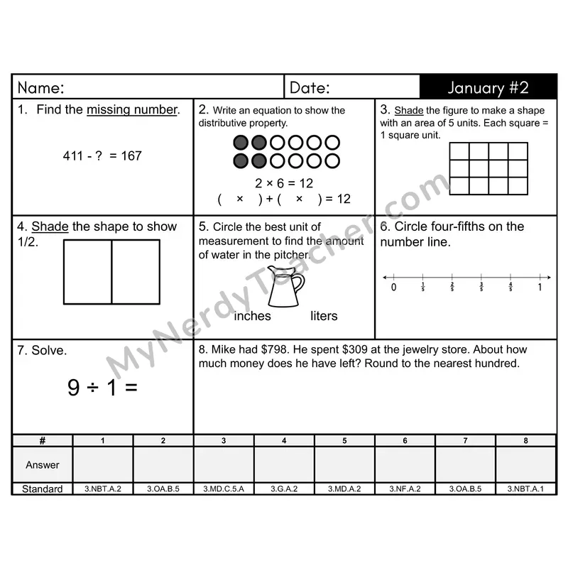 3rd Grade Spiral Math Review Morning Work — January Day 2: Addition & Subtraction, Multiplication