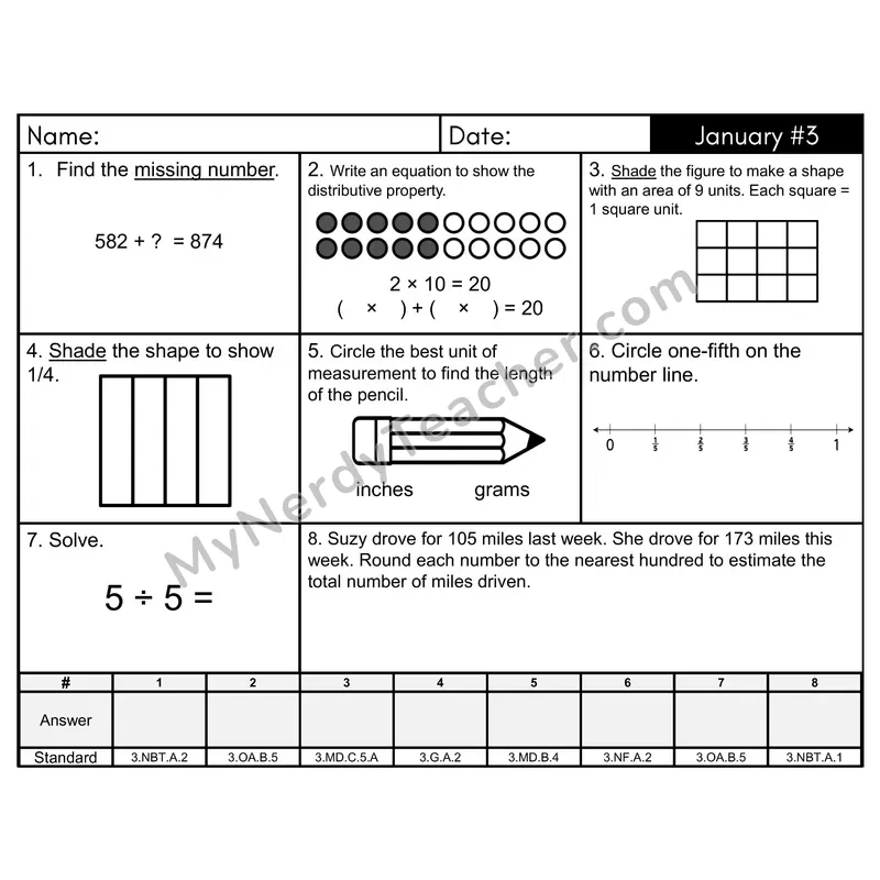 3rd Grade Spiral Math Review Morning Work — January Day 3: Addition & Subtraction, Multiplication