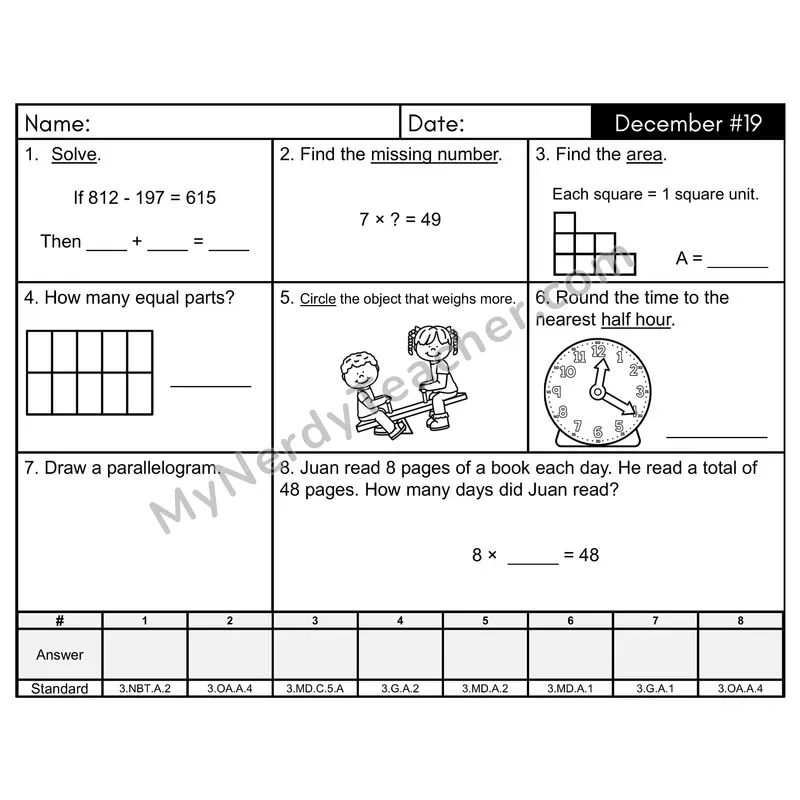 3rd Grade Spiral Math Review Morning Work — December Day 19: Geometry, Addition & Subtraction