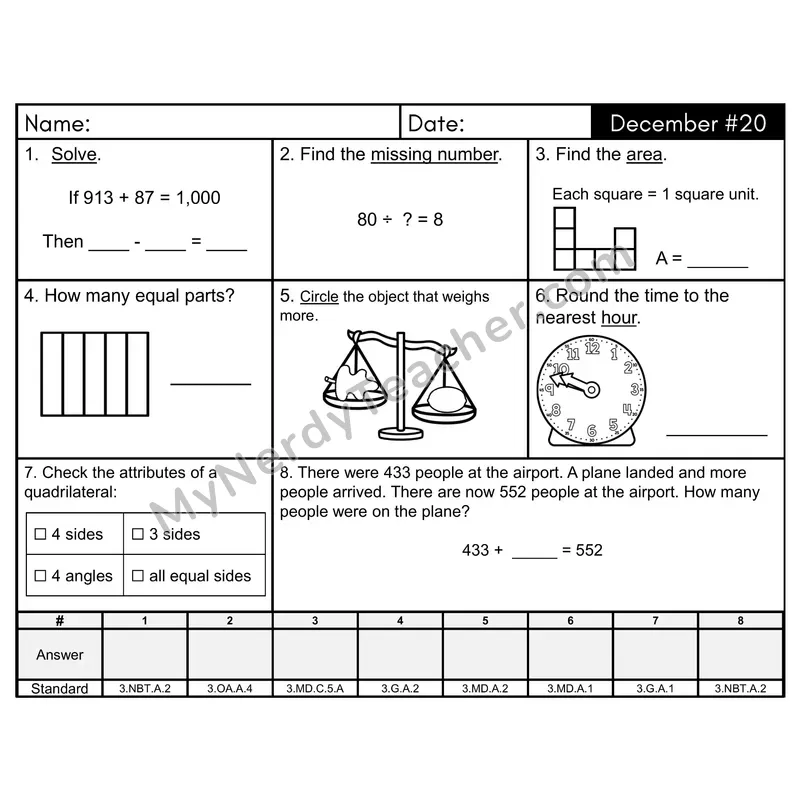 3rd Grade Spiral Math Review Morning Work — December Day 20: Geometry, Addition & Subtraction