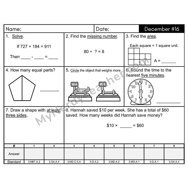 3rd Grade Spiral Math Review Morning Work — December Day 16: Geometry, Addition & Subtraction