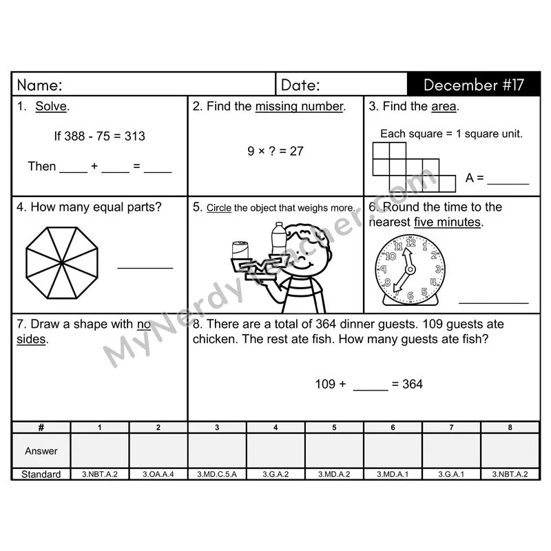 3rd Grade Spiral Math Review Morning Work — December Day 17: Geometry, Addition & Subtraction