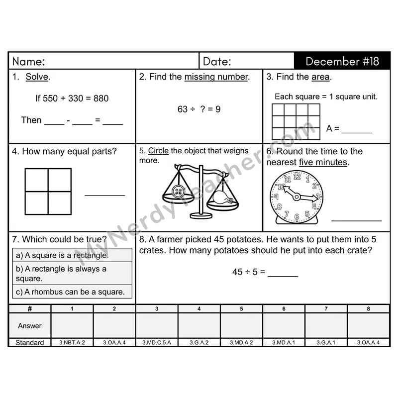 3rd Grade Spiral Math Review Morning Work — December Day 18: Geometry, Addition & Subtraction