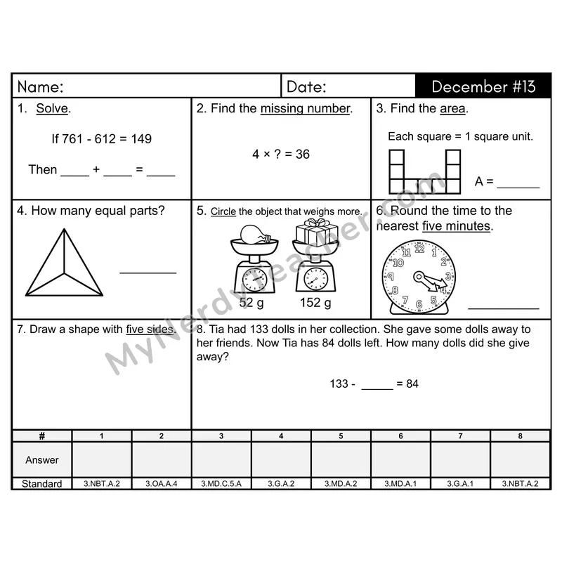3rd Grade Spiral Math Review Morning Work — December Day 13: Geometry, Addition & Subtraction