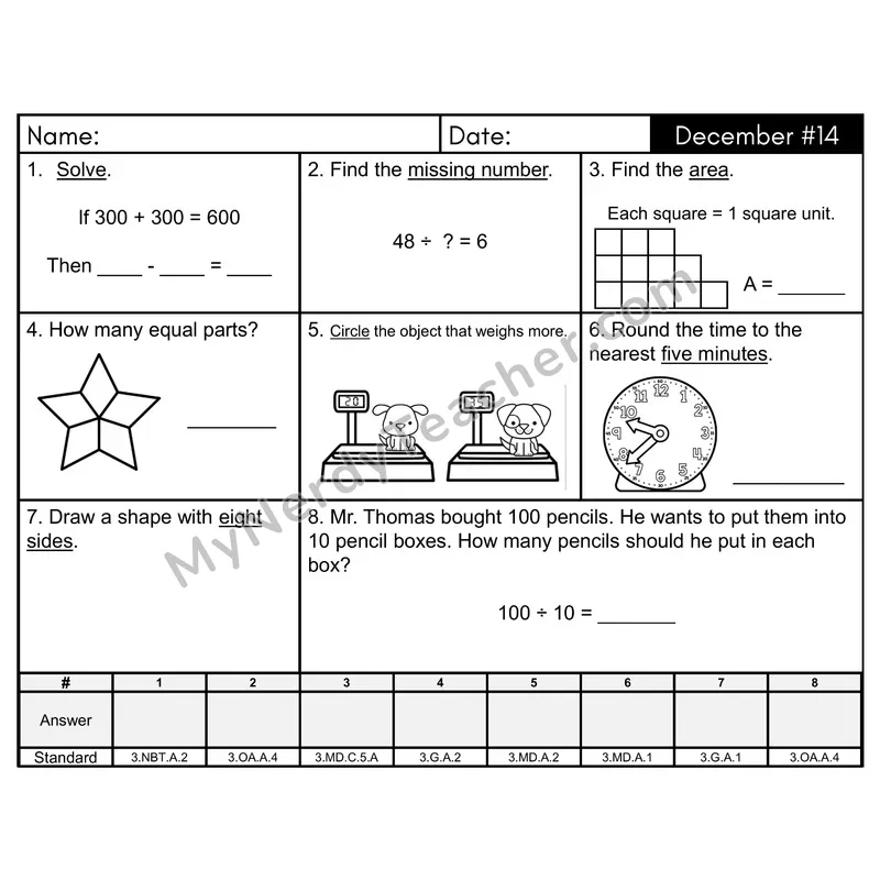 3rd Grade Spiral Math Review Morning Work — December Day 14: Geometry, Addition & Subtraction