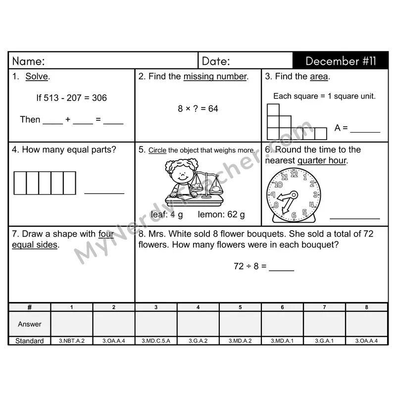 3rd Grade Spiral Math Review Morning Work — December Day 11: Geometry, Addition & Subtraction