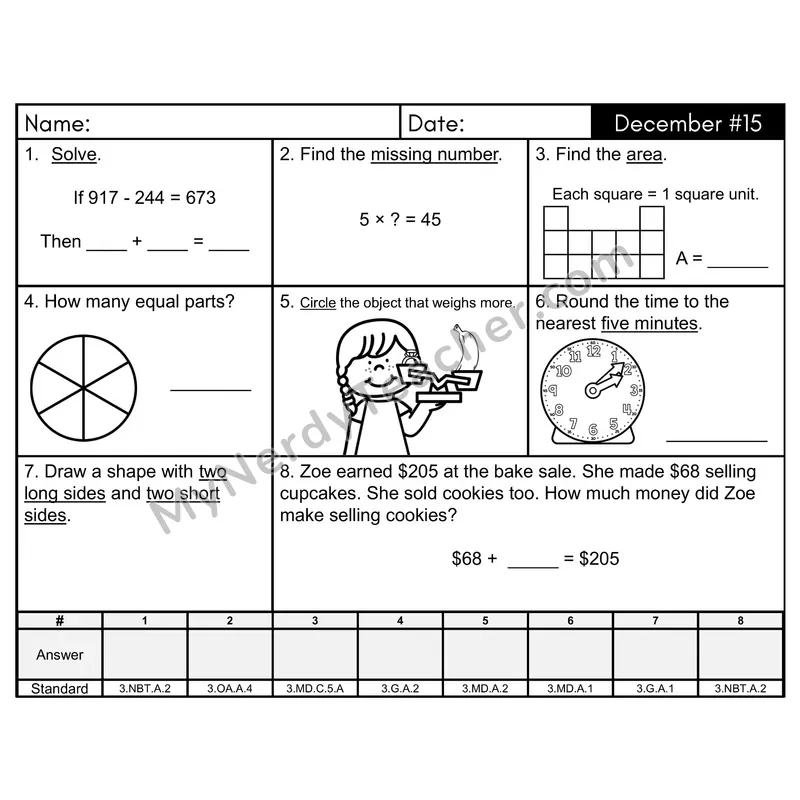 3rd Grade Spiral Math Review Morning Work — December Day 15: Geometry, Addition & Subtraction