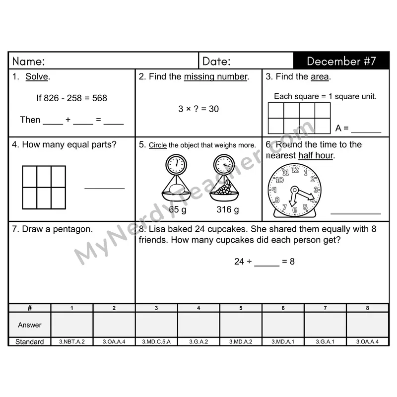 3rd Grade Spiral Math Review Morning Work — December Day 7: Geometry, Addition & Subtraction