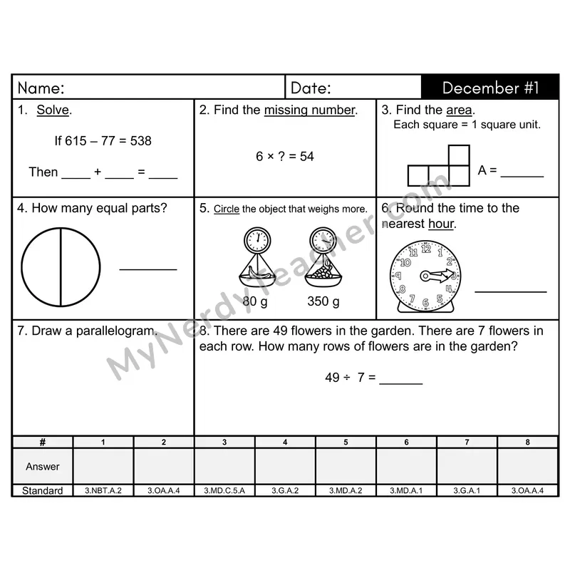 3rd Grade Spiral Math Review Morning Work — December Day 1: Geometry, Addition & Subtraction