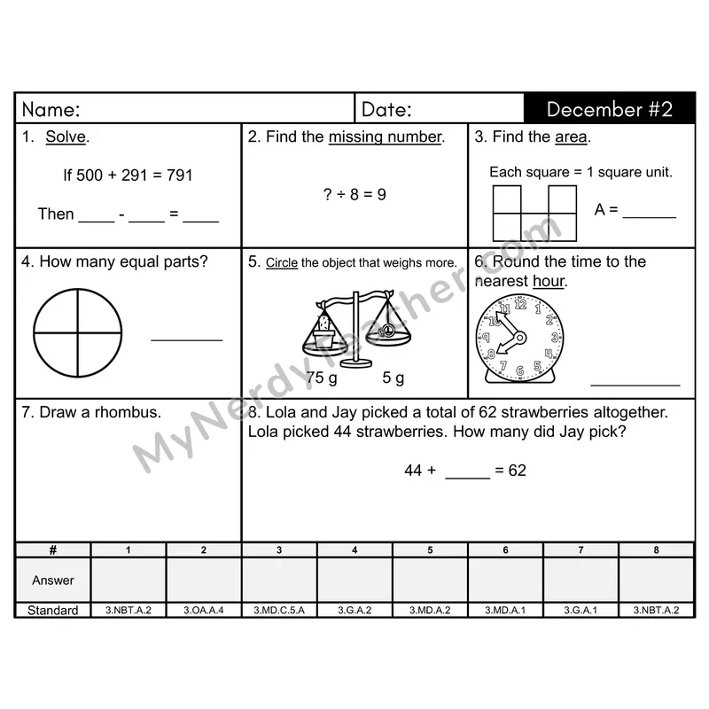 3rd Grade Spiral Math Review Morning Work — December Day 2: Geometry, Addition & Subtraction