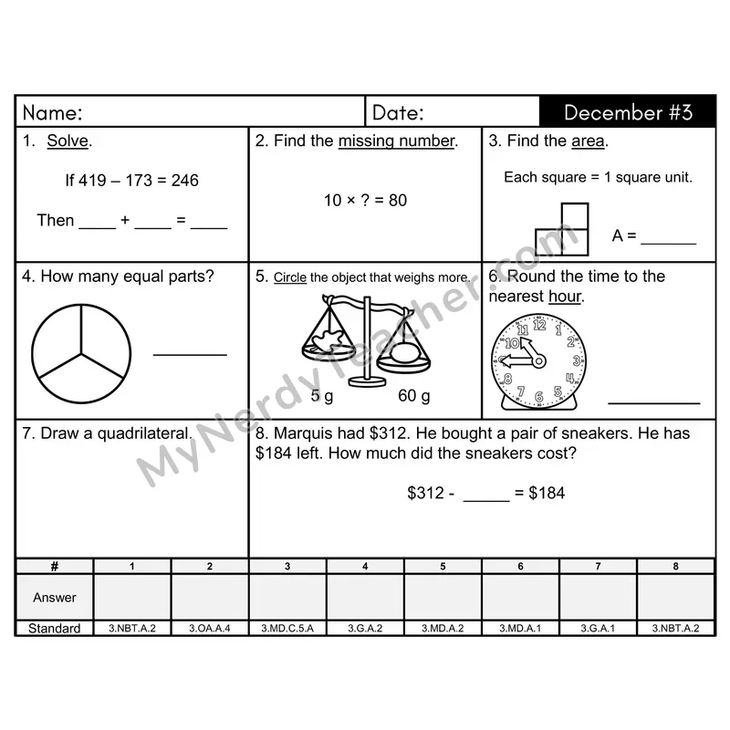3rd Grade Spiral Math Review Morning Work — December Day 3: Geometry, Addition & Subtraction