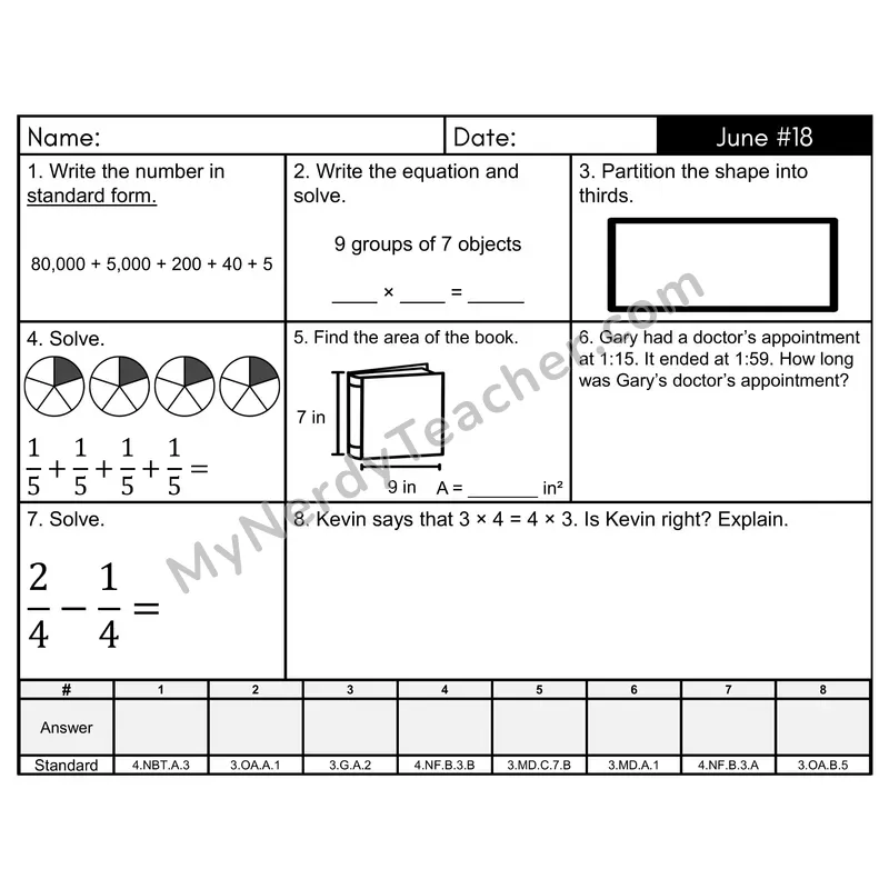 3rd Grade Spiral Math Review Morning Work — June Day 18: Multiplication, Fractions