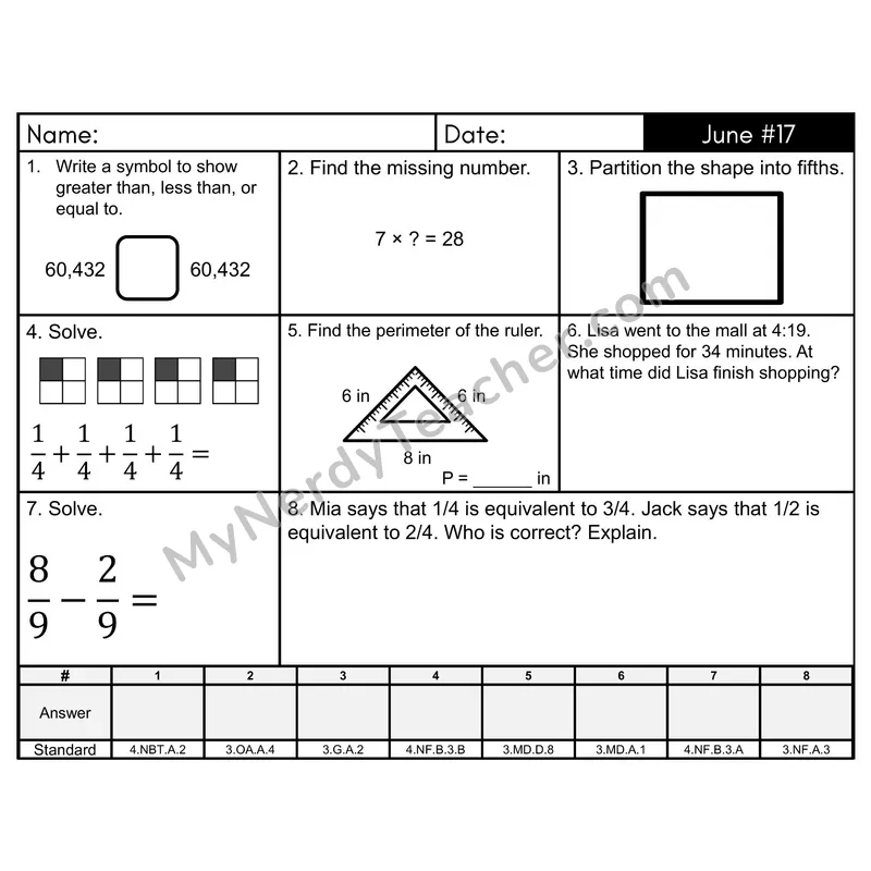 3rd Grade Spiral Math Review Morning Work — June Day 17: Fractions, Place Value