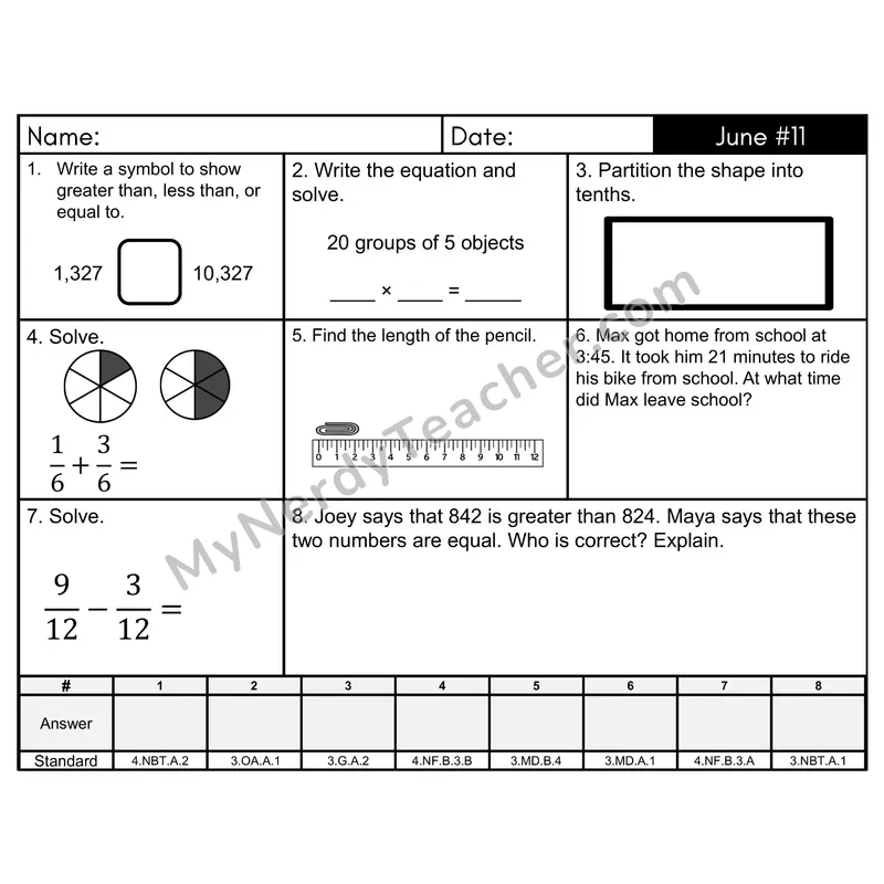3rd Grade Spiral Math Review Morning Work — June Day 11: Fractions, Place Value
